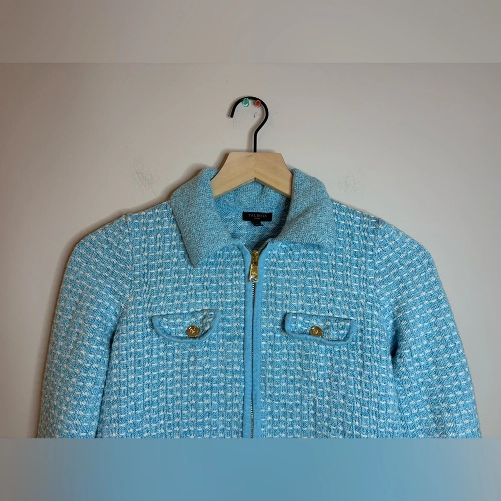 Women’s Talbots collared zip cardigan jacket light blue&white tweed size SP - Picture 2 of 10